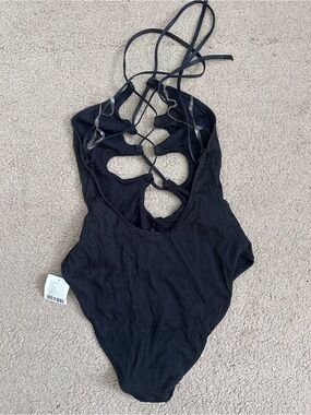Urban Outfitters Black Ribbed One-Piece Swimsuit with Strappy Cutouts